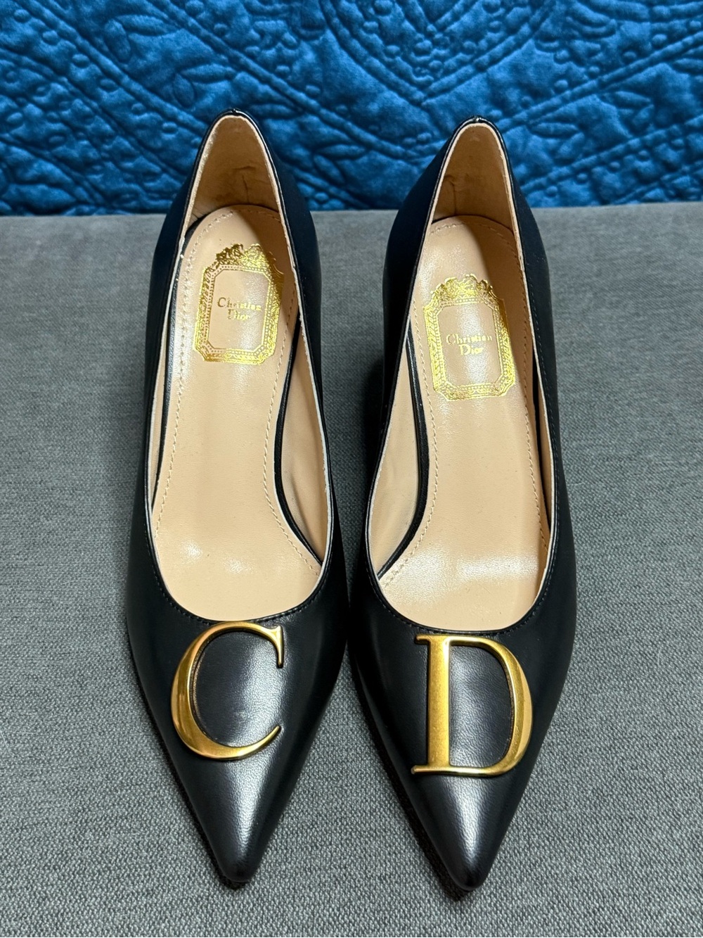 Dior Black Pointed Toe Flats with Gold CD Emblems